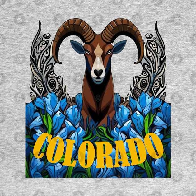 Colorado Bighorn Sheep With Blue Columbine Flowers by taiche